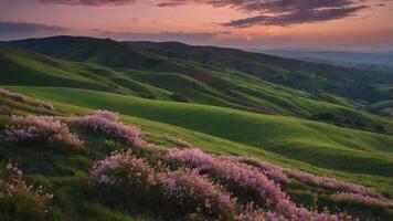 Rolling Green Hills at Sunset with Wildflowers in the Foreground photo
