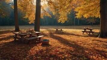 Autumn Picnic Scene with Golden Leaves and Sunlight Through Trees photo
