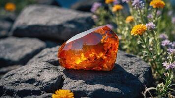 Amber Gemstone Resting on Rocks Surrounded by Wildflowers in Sunlight photo