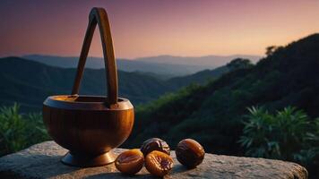 Wooden Basket and Fruit on Stone with Mountain View Backdrop photo