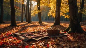 Picnic in Autumn Woods with Blanket and Basket of Fruit photo