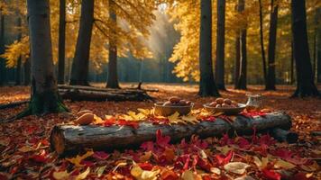 Nuts and Honey Arrangement on Log in Autumn Forest Setting photo
