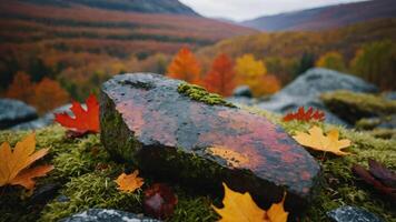 Stone with Moss in Autumn Forest with Fallen Leaves and Color photo
