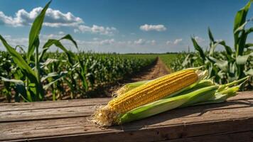 Fresh Corn on the Cob Resting on Wooden Surface in Field photo