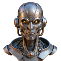 spectacular romantic elegant Cyberpunk robot head, intricate details, metallic, wires, glowing eyes. NO BACKGROUND with Transparent Background. studio quality png