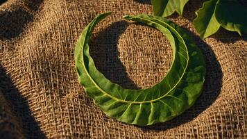 Leaf Circle Arrangement on Burlap Creates a Rustic and Natural Display photo