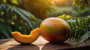 Fresh Mango and Slice on Wooden Surface with Greenery Backdrop photo
