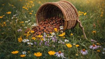 Pecans Spilling From Rustic Basket in Wildflower Meadow photo