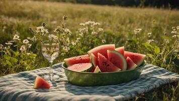 Enjoying Fresh Watermelon Slices at a Summer Picnic in Nature photo