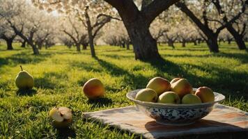 Pears in a Bowl on a Blanket in Blooming Orchard photo