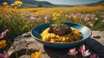 Serving of Yellow Rice with Meat on a Field of Flowers photo