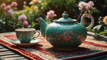 Elegant Teapot and Teacup on Table in Garden Setting photo