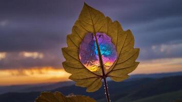 Leaf with Iridescent Water Reflection Against Sunset Sky Background photo