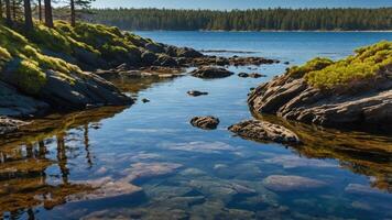 Calm Lake Shore with Clear Water, Rocks, and Evergreen Trees photo
