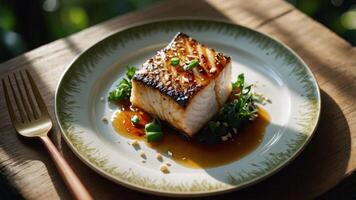 Grilled Fish Dish Presentation with Green Garnish and Brown Sauce photo