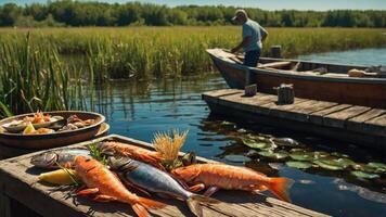 Fresh Catch Fish Displayed on Dock by the Lake with Boat photo