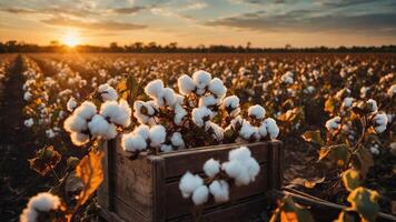 Cotton Field Harvest at Sunset with Wooden Crate and Warm Light photo