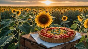 Tomato Tart on Wooden Box in a Sunflower Field at Sunset photo