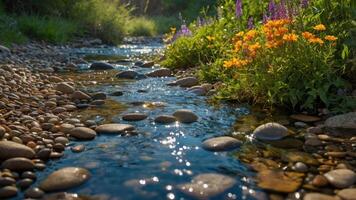 Flowing Stream with Rocks and Wildflowers in Natural Setting photo