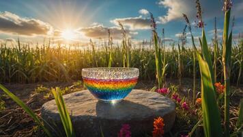 Bowl Displayed on Stone in Field with Sunburst Backdrop photo