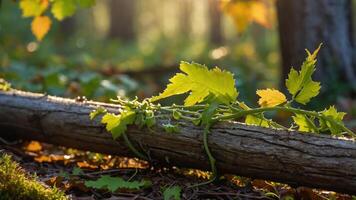 Vine Growing on Log in Forest with Sunlight Filtering Through Trees photo