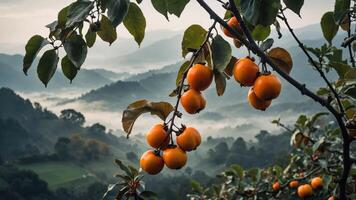 Persimmon Fruit Hanging on Tree with Misty Mountain Background photo