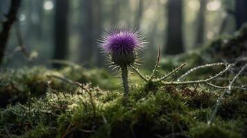 Purple Thistle Flower Growing in Forest Moss with Morning Dew photo