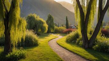Walking Path Through Lush Green Garden with Trees and Mountains photo