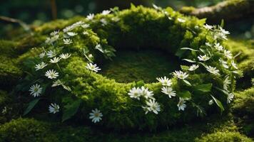 Creating Floral Moss Wreath with Small White Flowers in Natural Setting photo