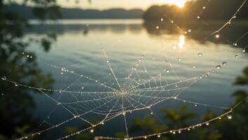 Spiderweb Covered in Dew Drops with Lake Background at Sunrise photo