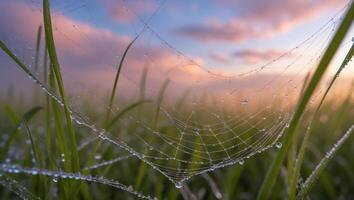 Dew Drops on Spiderweb in Grassy Field at Dawn or Dusk photo
