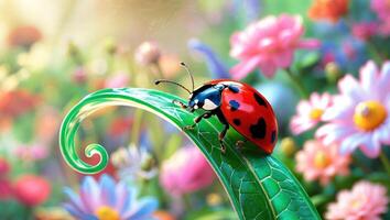 Ladybug Resting on Leaf in a Field of Colorful Flowers photo