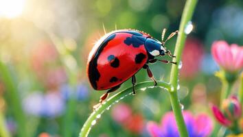 Ladybug Crawling on Green Stem in a Colorful Flower Garden photo