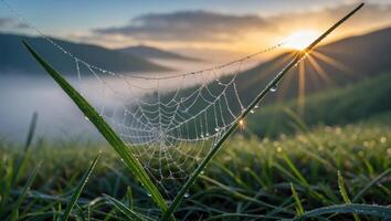 Spiderweb with Dew Drops on Grass at Sunrise in Nature photo