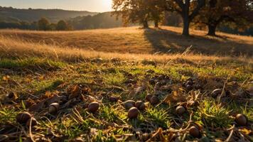 Gathering Acorns on Grassy Field in Autumn Sunlight Landscape photo
