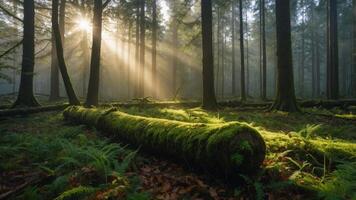 Sunlight Through Forest Trees Illuminating Fallen Log Covered in Moss photo