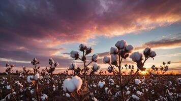 Cotton Field at Dusk with Colorful Sky and Clouds Scenery photo