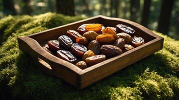 Dried Dates on Wooden Tray Surrounded by Moss in Forest Setting photo