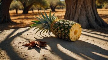 Sliced Pineapple and Star Anise on Stone Surface with Tree Shadow photo