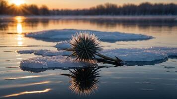 Spiky Seed Head on Ice Reflecting in Water at Sunset photo