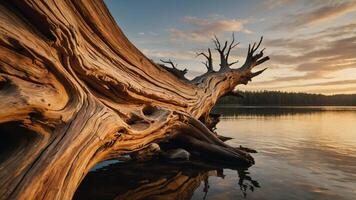 Fallen Tree Trunk on Lake at Sunset with Sky Reflection photo