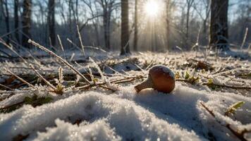 Snail on Snowy Ground in Winter Forest with Sunlight Streaming Through photo