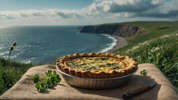Savory Spinach and Cheese Quiche with Coastal View and Clover Accents photo
