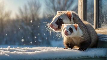 Two Ferrets Looking Out Window on Snowy Winter Day Together photo