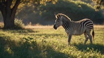 Zebra Standing in Grassy Field Under Warm Sunlight During Golden Hour photo