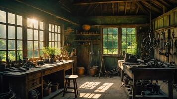 Workshop Interior Featuring Woodworking Tools and Natural Light Streaming Through Windows photo