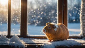 Guinea Pig Sitting in Window on Snowy Day with Soft Sunlight photo