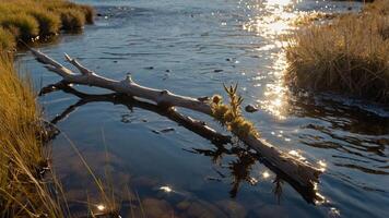 Fallen Branch Floating in River with Reflection Under Golden Sunlight photo