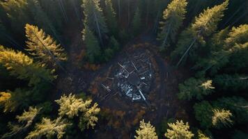 Aerial View of Clearing and Dense Forest with Wooden Structure photo