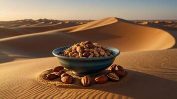 Bowl of Mixed Nuts in a Desert Setting with Sand Dunes photo